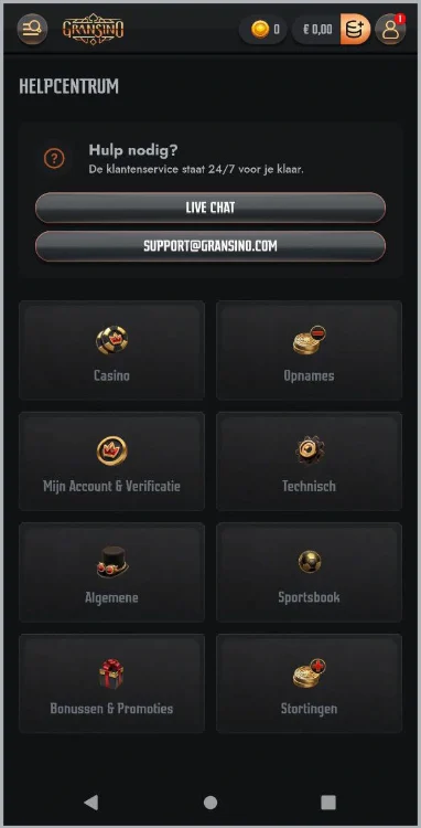 Helpcentrum van Gransino Casino met live chat en e-mailondersteuning